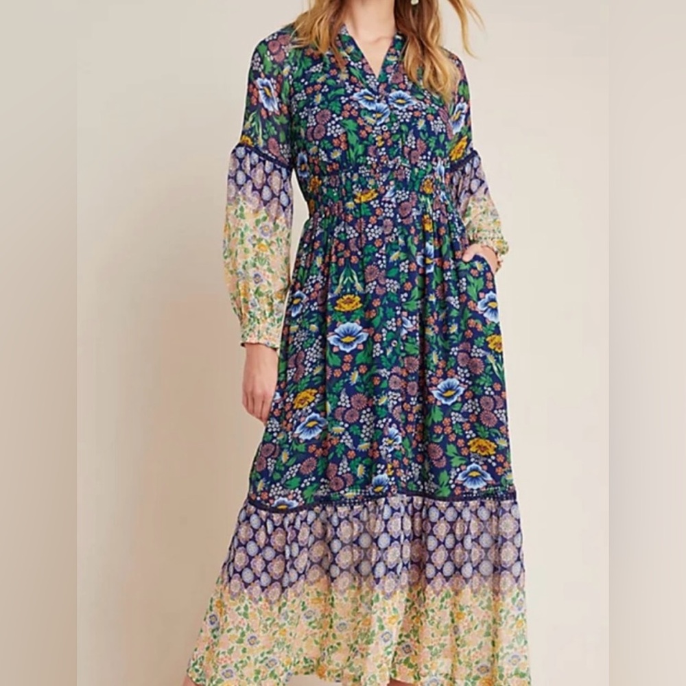 NWOT Anthropologie Maeve Ondine Bohemian Floral Long Sleeve Maxi Dress